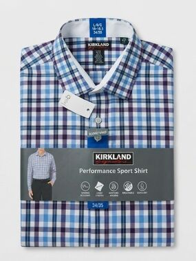 Kirkland Signature Men's Blue and Purple Plaid Button-Down Shirt LG